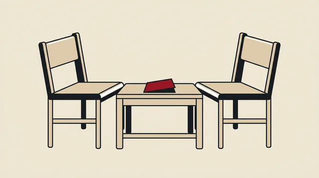 Two chairs across a table, drawn