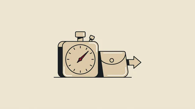 A stopwatch beside the cash pouch, drawn